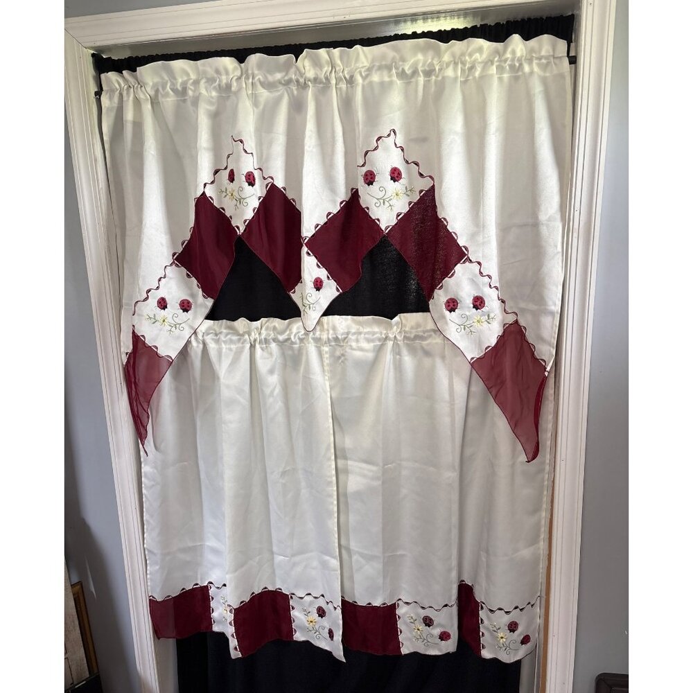 Ladybug Embroidered Cream Curtain Set with 56" Valance & 28" Tier Panels